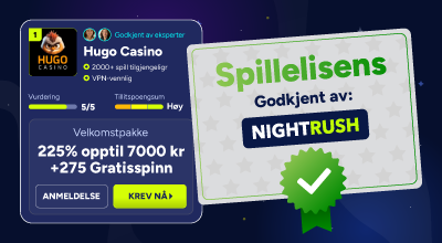 Kasinolisensbanner som viser godkjenning og velkomstpakke.