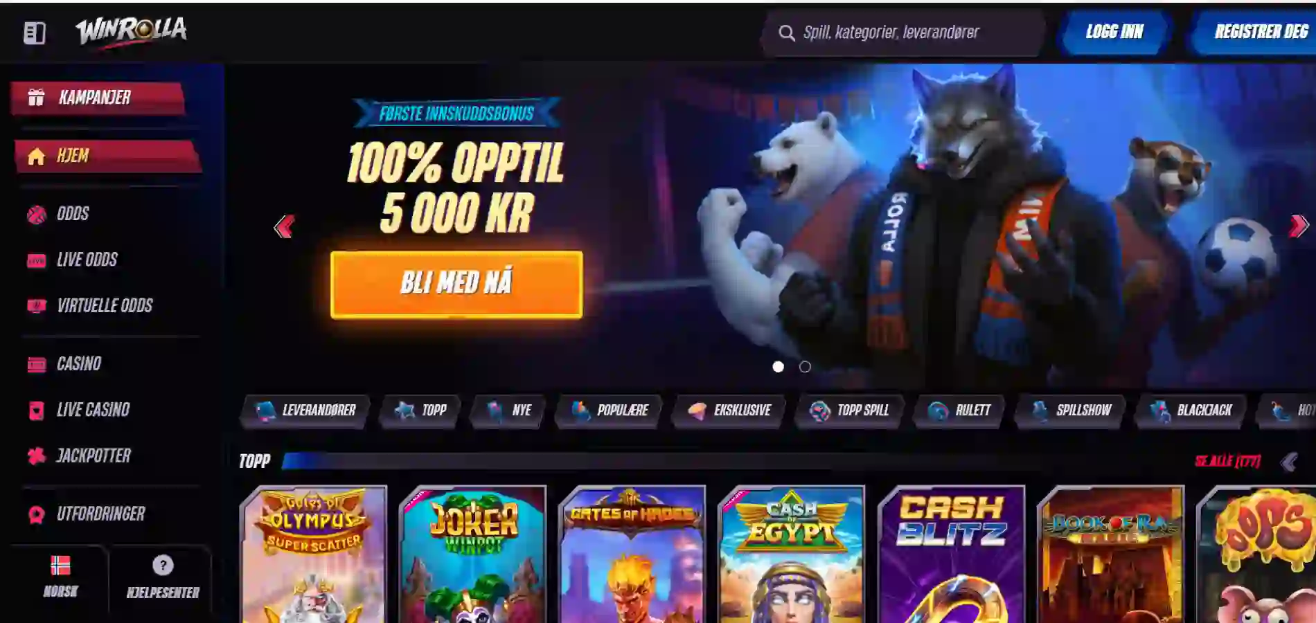 Oversikt over hjemmesiden til Winrolla Casino med en gjeng med tøffe dyre-maskotter.