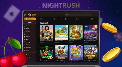 En laptop med Hugo Casino sine casinospill fra Yggdrasil, utenfor to mynter og et kirsebær.