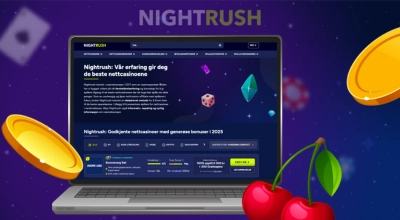 En laptop med Nightrush sin hjemmeside og casinoliste.
