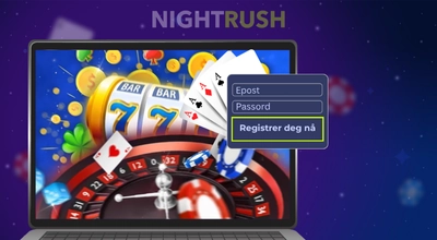 En laptop med casinoikoner på skjermen og et registreringsskjema.