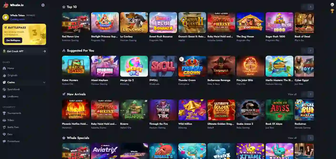 Oversikt over noen av casinospillene hos Whale.io.