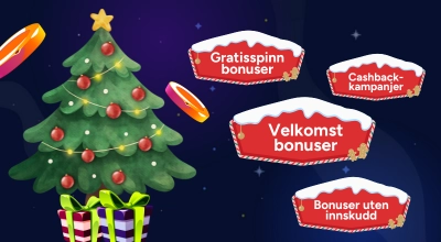 Forskjellige bonuser med juletema og et grønt juletre med pakker på venstre side.