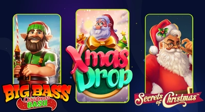 Tre juleautomater: Big Bass Bash Christmas, Xmas Drop og Secrets of Christmas.