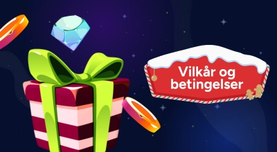 En rød pakke og et skilt i juletema: Vilkår og betingelser.