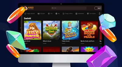 En dataskjerm omgitt av diamanter og Swintt-spill på skjermen.