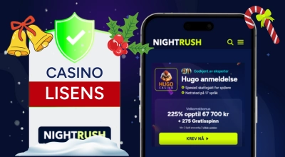 En mobil med Nightrush, og et godkjenningsstempel med juletema på venstre side.