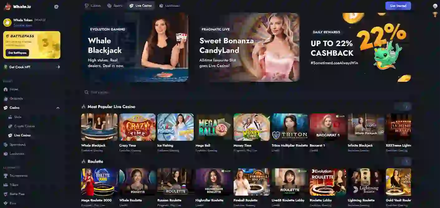 Oversikt over live casinoet til Whale.io med meny til venstre og spill nedenfor.