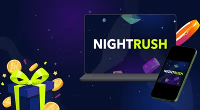 Nightrush-logen på en mobil og en laptop, en pakke i venstre hjørne.