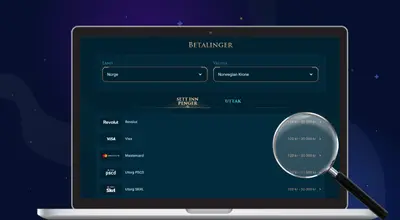 En laptop med et forstørrelsesglass foran og Slotuna sin betalingsmetoder på.