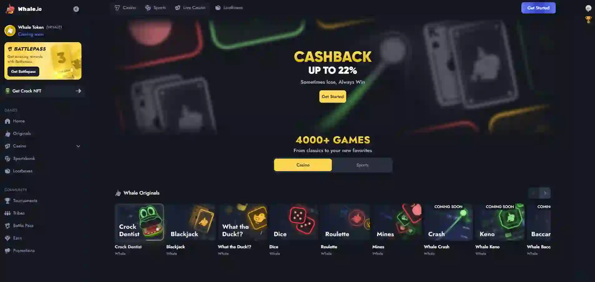 Oversikt over hjemmesiden til Whale.io casino med cashback tilbudet på 22 % synlig.