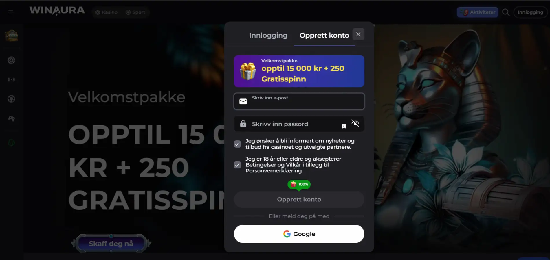 Registreringsskjemaet til Winaura Casino rett over deres hjemmeside.