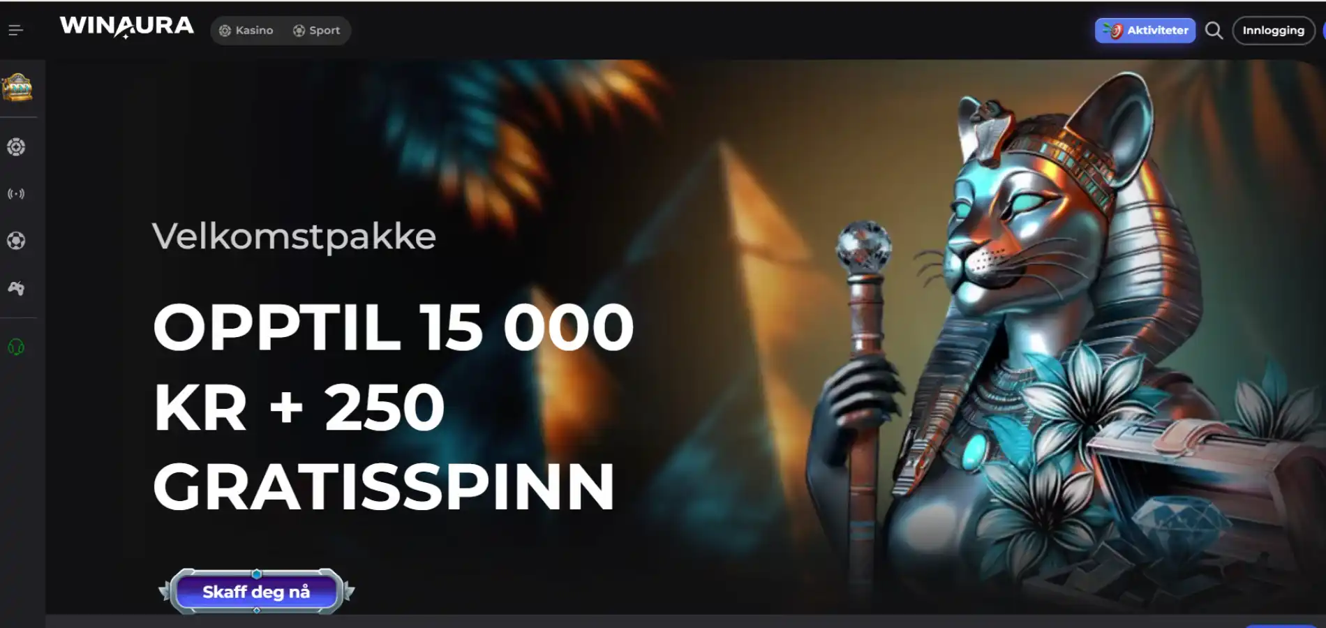 Hjemmesiden til Winaura Casino med velkomstbonusen 15 000 kr + 250 gratisspinn.