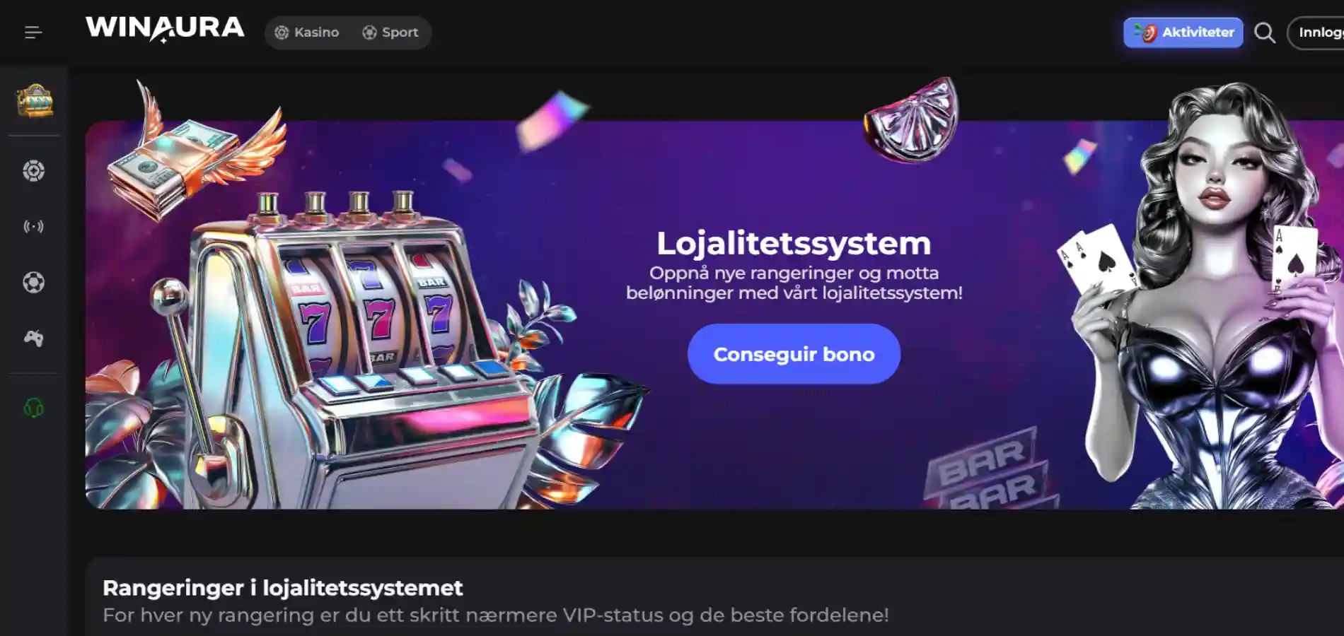 En oversikt over Winaura sitt lojalitetsprogram, en spilleautomat og en glamorøs dame.