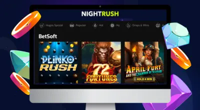 En datamaskin med sjetonger og diamanter rundt, og Betsoft spill på skjermen.