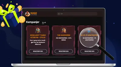 En laptop med Hugo Casino bonuser og et forstørrelsesglass foran.
