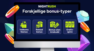 En rekke bonustyper på en dataskjerm.