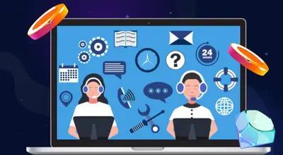 Kvinnelig og mannlig kundeservice på en laptop med diamanter rundt.