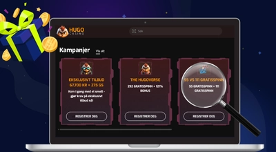 En laptop med Hugo Casino sine bonuser og en pakke i venstre hjørne.