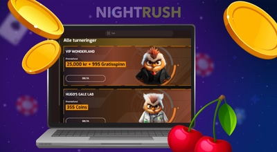 En laptop med svevende mynter rundt og på skjermen Hugo Casino sine bonuser.