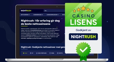 Nightrush sin hjemmeside med et godkjenningsstempel på høyre side.
