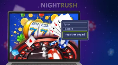 Et utvalg av casinospill på skjermen og et registreringsskjema på siden.