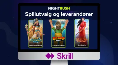 Spill og leverandører med Skrill-logo på en skjerm mot en stjernehimmel.