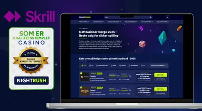 Casino-lister på en telefon og bærbar PC med et sertifikat og et Skrill-logo mot en stjernehimmel.