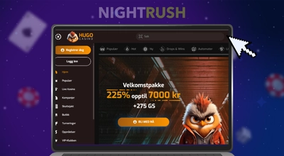 Hjemmesiden til Hugo Casino på en laptop med blå bakgrunn.