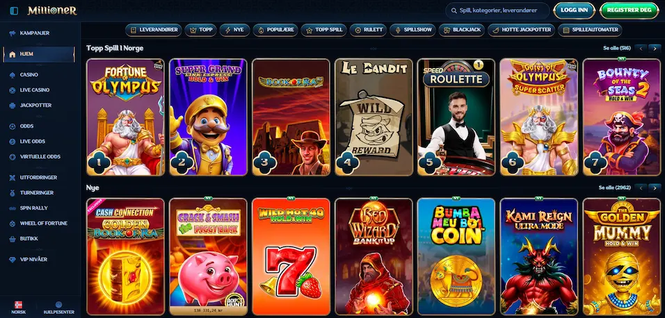 Millioner Casino hjemmeside-skjerm.