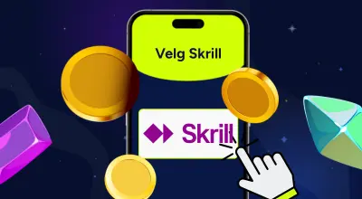 Velge Skrill på en telefon med casinoprodukter mot en stjernehimmel.