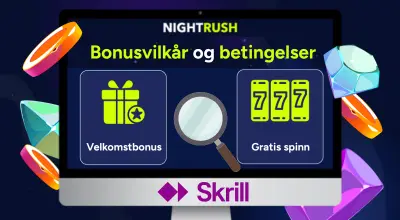 Bonuser og vilkår med kasinoprodukter og et Skrill-logo på en skjerm mot en stjernehimmel.