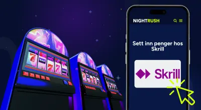 Velge Skrill på en telefon med spilleautomater mot en stjernehimmel.