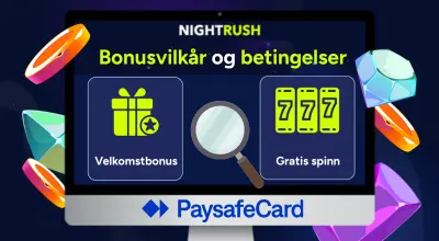 Bonuser og vilkår med PaysafeCard-logoen og kasinoartikler mot en mørk bakgrunn.