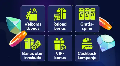 Seks typer bonuser med diamanter spredd rundt.