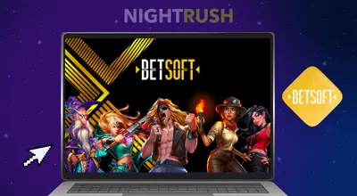 Betsoft logoen ved siden av en laptop og Betsoft sine populære spill på skjermen.