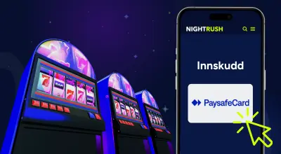 PaysafeCard med en innskuddsknapp på en telefon og spilleautomater mot en mørk bakgrunn.