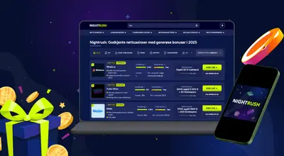 En laptop og en mobil med Nightrush sin casinoliste og en pakke i venstre hjørne.
