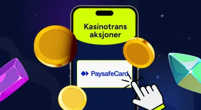 Casino-transaksjoner med PaysafeCard på en telefon og casino-artikler mot en mørk bakgrunn.