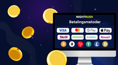 En skjerm med betalingsmetoder og mynter på siden.