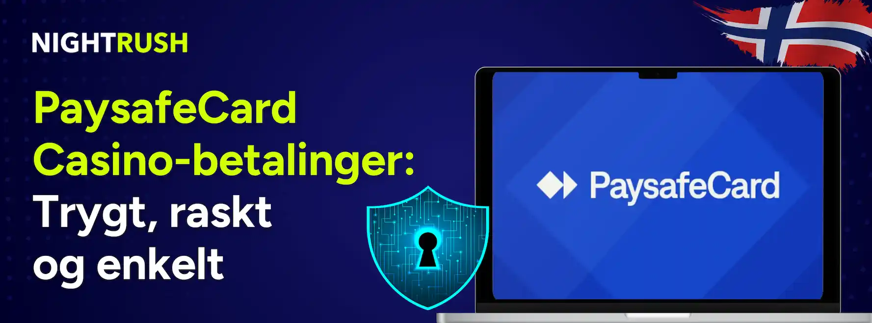 Paysafecard-logoen og teksten sier PaysafeCard Casino-betalinger: Trygt, raskt og enkelt.
