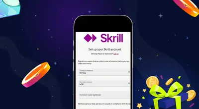Skrill-registreringsside på en telefon mot en stjernehimmel.