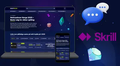 Casino-lister på en telefon og bærbar PC med Skrill-logo og casino-elementer mot en stjernehimmel.