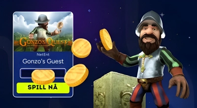 En digital illustrasjon viser Gonzo's Quest og Spill nå-knappen med mynter rundt.