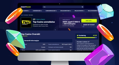 Laptop viser Nightrush-nettstedet, Yep Casino Review. Markør som indikerer Besøk nettstedet-knappen.