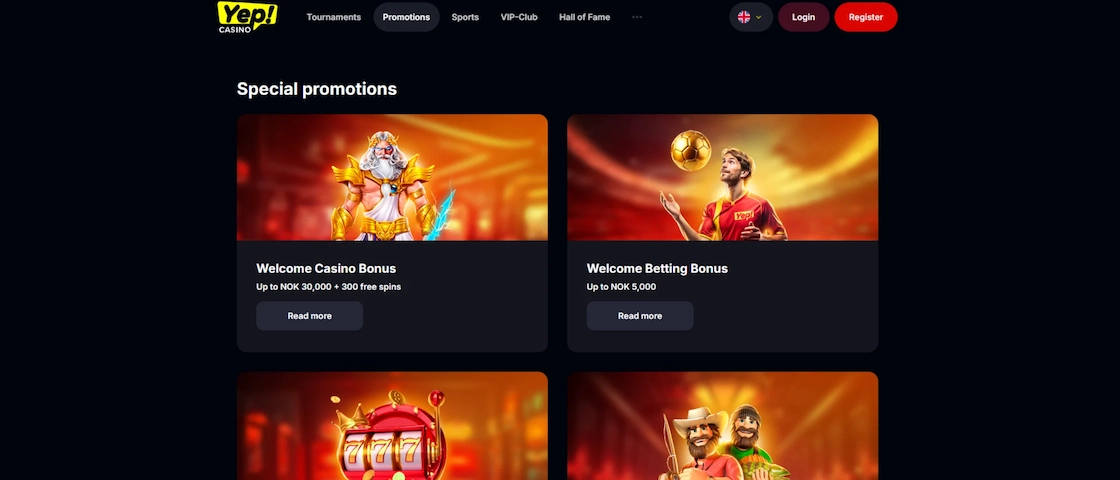 Skjermbilde av YEP casinos kampanjeside.