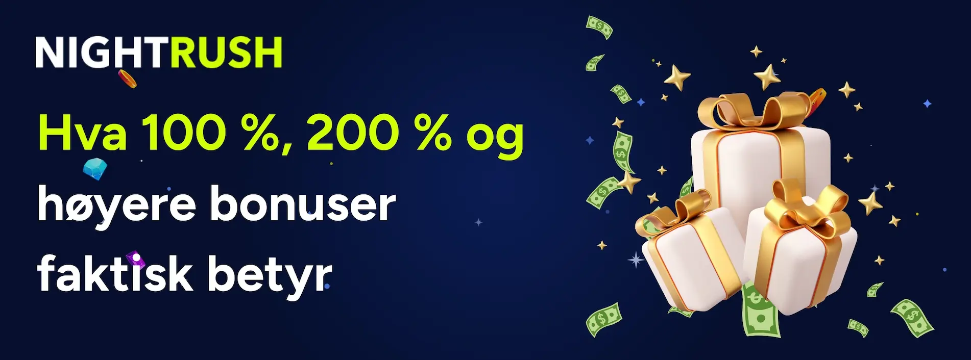 Tre gaveesker som representerer casinobonuser, med tekst som viser 100 % og 200 % bonustilbud