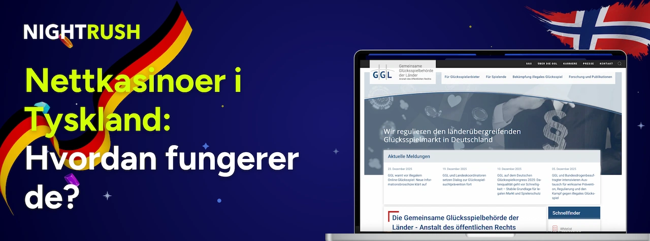 Bærbar PC som viser Nightrush-siden Nettkasinoer i Tyskland med tysk flagg og GGL-detaljer.