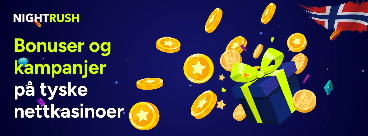 Nightrush-banner for tyske kasinobonuser med gaveeske, gullmynter og norsk flagg.