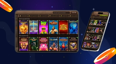 Nettbrett som viser seksjonene «Hotte jackpotter» og «Nye jackpotter» i en kasinolobby.